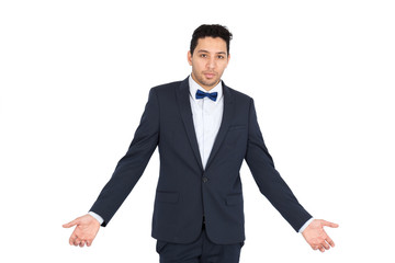 Handsome man doing different expressions in different sets of clothes: joy