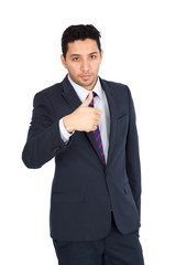 Handsome man doing different expressions in different sets of clothes: thumbs up