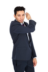 Handsome man doing different expressions in different sets of clothes: be careful