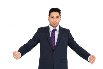 Handsome man doing different expressions in different sets of clothes: welcome