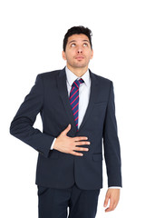 Handsome man doing different expressions in different sets of clothes: hungry