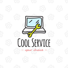 Vector cartoon style computer service logo. Hand drawn doodle