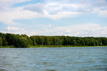 Blue Sky and White Clouds, Green Forest and Blue Waters of River