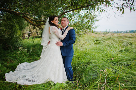 Wedding couple in high grass and near tree