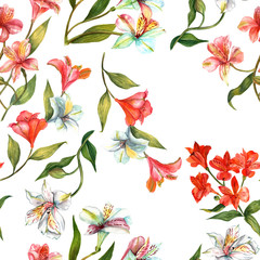 Fototapety  Bezszwowe kwiaty akwarela (alstromerie) wzór tła