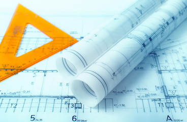 Architecture rolls architectural plans project architect blueprints real estate concept