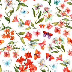 Seamless watercolor flowers and butterflies background pattern