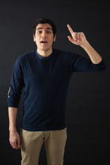 Naklejka premium Handsome men doing different expressions in different sets of clothes: want to speak