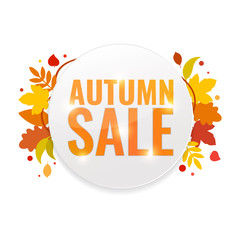 Autumn sale tag with leaves. Seasonal discount concept.