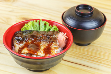 Traditional japanese food, Saba teriyaki serve with rice and sou