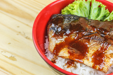 Traditional japanese food, Saba teriyaki serve with rice and sou