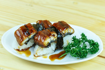 Traditional japanese food, Eel (unagi) Nigiri Sushi or Unagi Kab