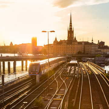 Railway tracks and trains in Stockholm, Sweden.