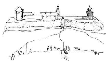 Drawing historic view with fortress and boats on the shore.