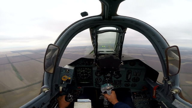 Training flight attack aircraft SU-25. Filming from the cockpit.