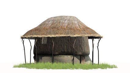 thatched hut in grass - isolated on white background