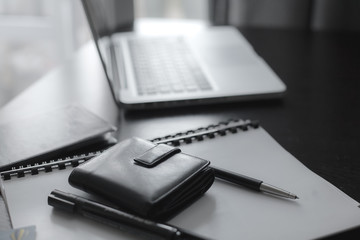 High angle view of a setting table of business workplace, technology of business. Shoot in office. Office desk or oficce table in workspace.