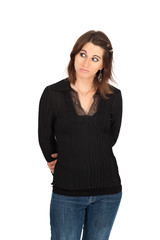 Obraz premium Beautiful woman doing different expressions in different sets of clothes: bored