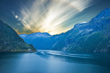 Norway fjord, Sunset mountain seaside Geiranger