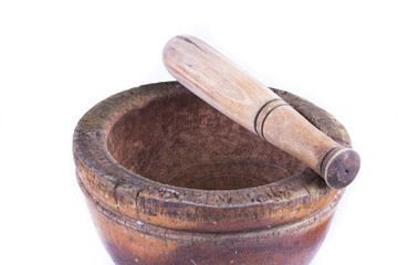 wooden mortar and pestle isolated on white background