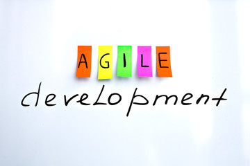 Image inscriptions of agile development. Agile methodology writing colors stickers isolated on...