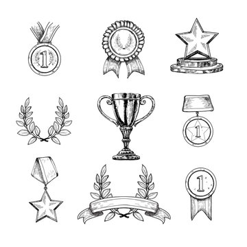 Trophy cup prize in hand sketch engraving Vector Image