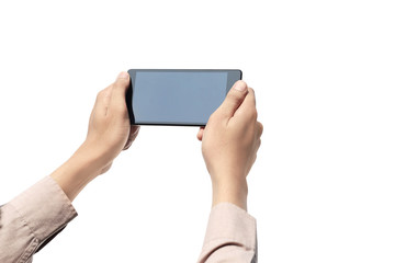Hand holding cellphone with blank screen isolated over white background