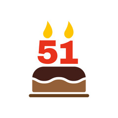 The birthday cake with candles in the form of number 51 icon. Birthday symbol. Flat