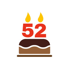 The birthday cake with candles in the form of number 52 icon. Birthday symbol. Flat