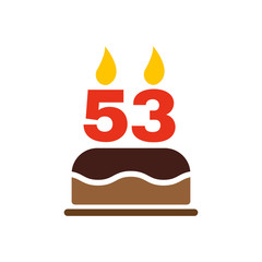 The birthday cake with candles in the form of number 53 icon. Birthday symbol. Flat