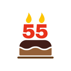 The birthday cake with candles in the form of number 55 icon. Birthday symbol. Flat