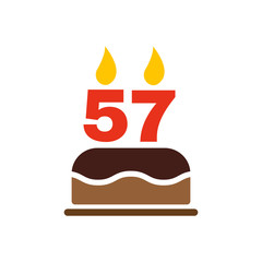 The birthday cake with candles in the form of number 57 icon. Birthday symbol. Flat