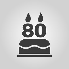The birthday cake with candles in the form of number 80 icon. Birthday symbol. Flat