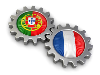Portuguese and French flags on a gears (clipping path included)