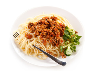 Pasta with meat, tomato sauce and vegetables on white background