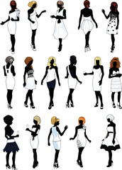 set of sixteen silhouettes of beautiful girls in detailed hairdo and white cocktail dresses