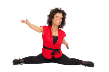 Beautiful woman doing different expressions in different sets of clothes: do a split