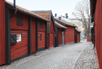 The view to the street in the old district of Vasteras city