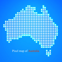 Fototapeta na wymiar Pixel map of Australia. Technology style with glow effect