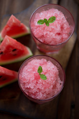 Glasses with watermelon granita, selective focus, close-up