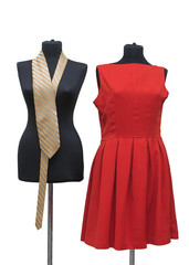 people and mannequins. female mannequins with a tie and red dress represent the lesbian couple ready to get married