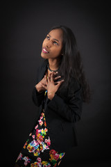 beautiful woman doing different expressions in different sets of clothes: heart attack