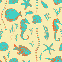 Seamless pattern with hand drawn fishes