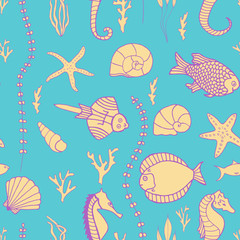 Seamless pattern with hand drawn fishes