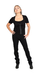 Beautiful woman doing different expressions in different sets of clothes: full length