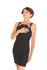 Beautiful woman doing different expressions in different sets of clothes: heart attack