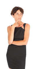 Fototapeta premium Beautiful woman doing different expressions in different sets of clothes: thinking