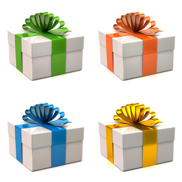 Set of white gift boxes with colorful ribbon bow