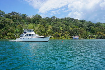Yacht on mooring buoy with lush tropical coast