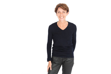 Fototapeta premium Beautiful woman doing different expressions in different sets of clothes: laughing